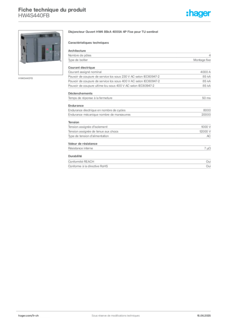 Image Hager Fiche technique du produit HW4S440FB | Hager Suisse