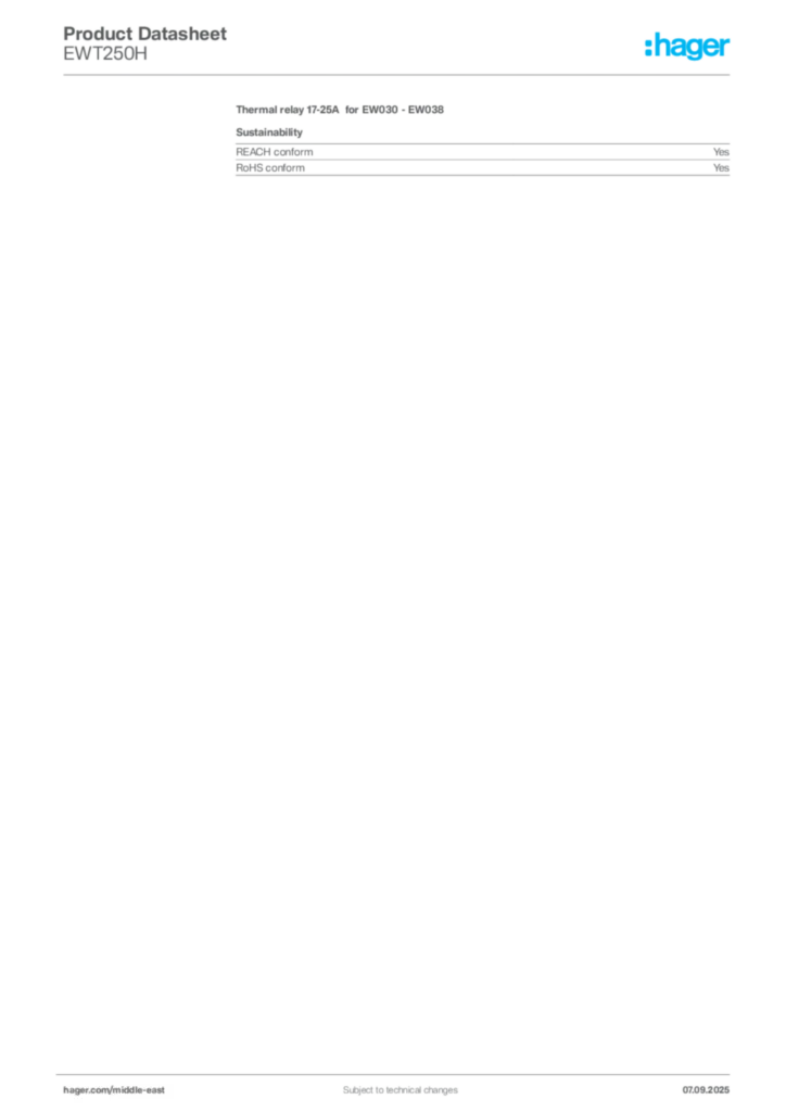 Image Hager Product data sheet EWT250H  | Hager