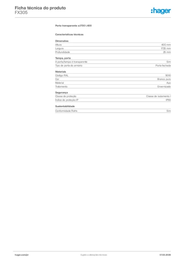 Imagem Hager Ficha técnica do produto FX305 | Hager Portugal