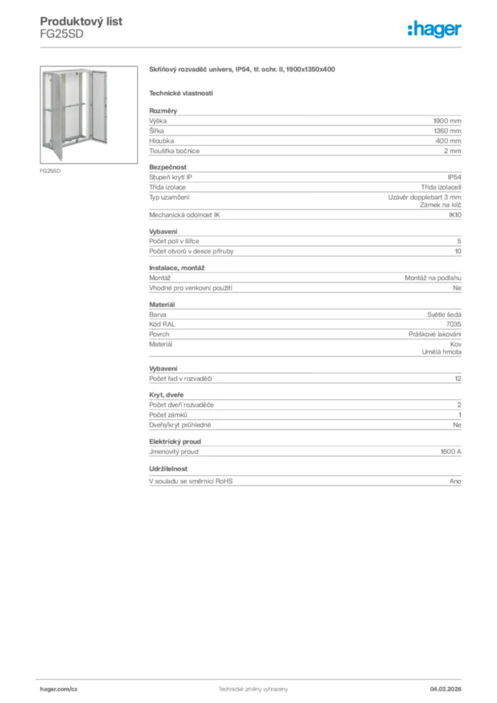 Obrázek Hager Product data sheet FG25SD | Hager