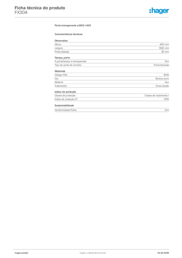 Imagem Hager Ficha técnica do produto FX304 | Hager Portugal