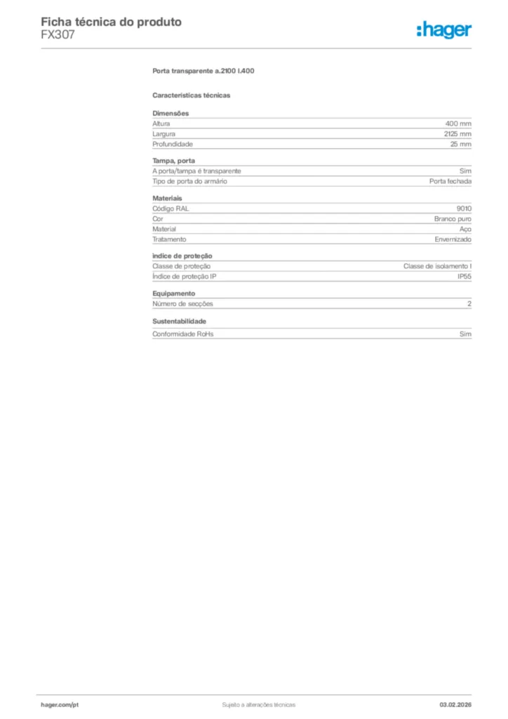 Imagem Hager Ficha técnica do produto FX307 | Hager Portugal