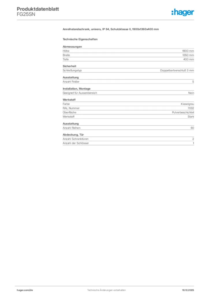 Bild Hager Produktdatenblatt FG25SN | Hager Deutschland