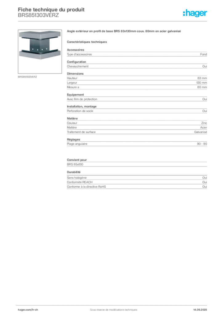 Image Hager Fiche technique du produit BRS851303VERZ | Hager Suisse