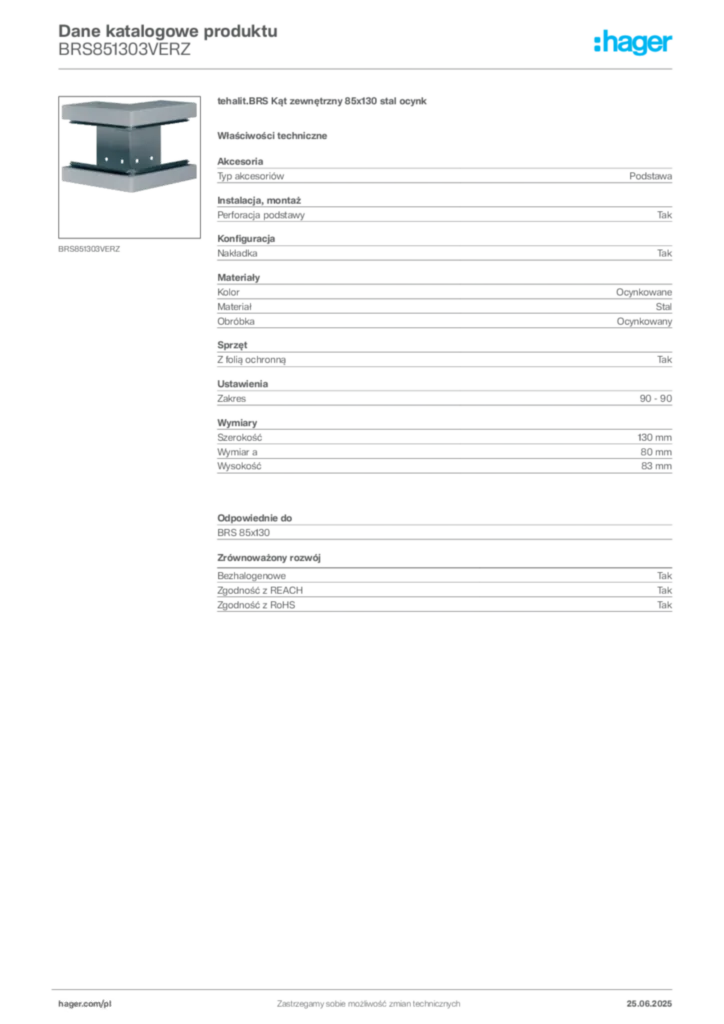 Zdjęcie Hager Karta katalogowa BRS851303VERZ | Hager Polska