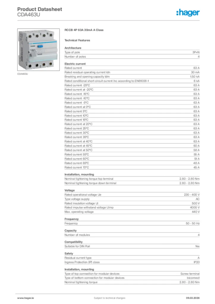 Image Hager Product data sheet CDA463U  | Hager