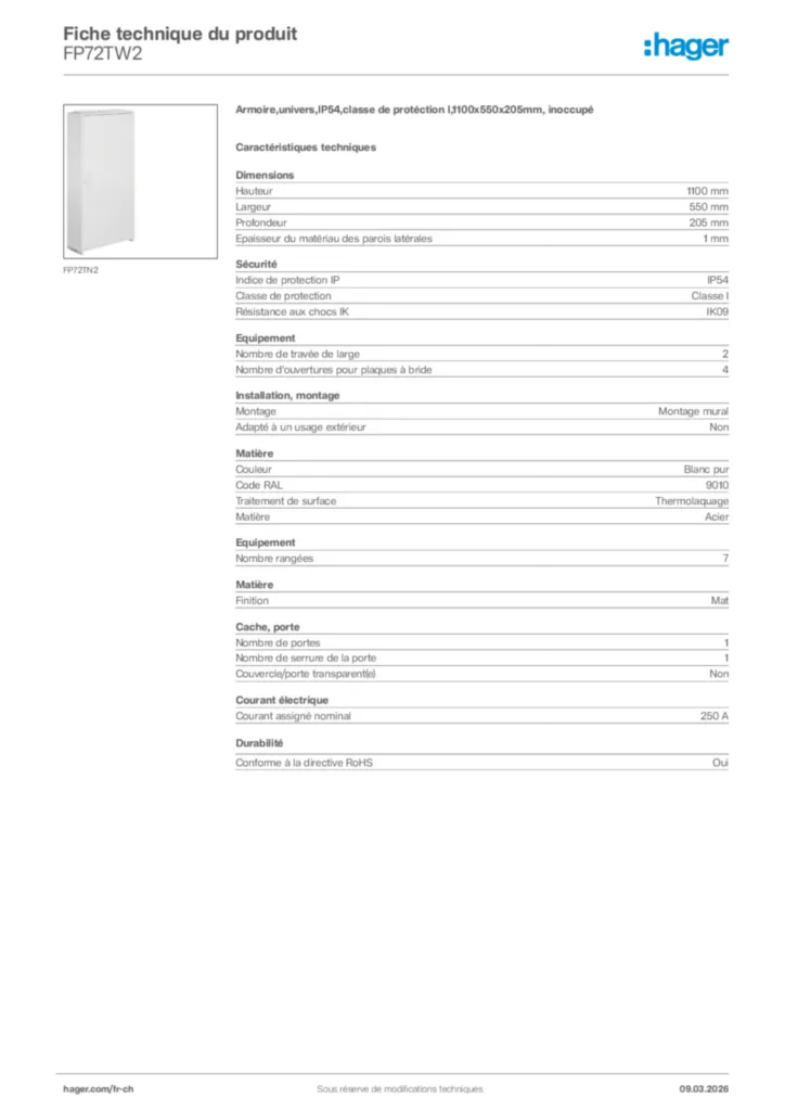 Image Hager Fiche technique du produit FP72TW2 | Hager Suisse