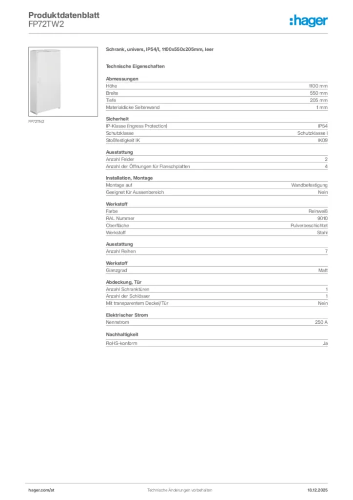 Bild Hager Produktdatenblatt FP72TW2 | Hager Deutschland
