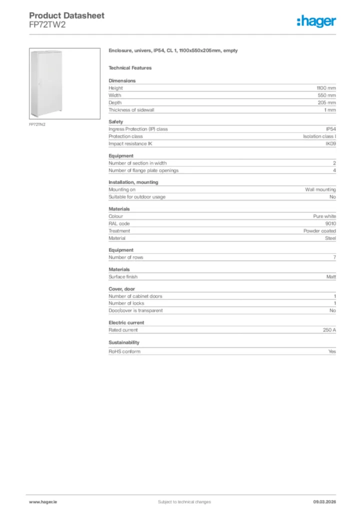 Image Hager Product data sheet FP72TW2  | Hager