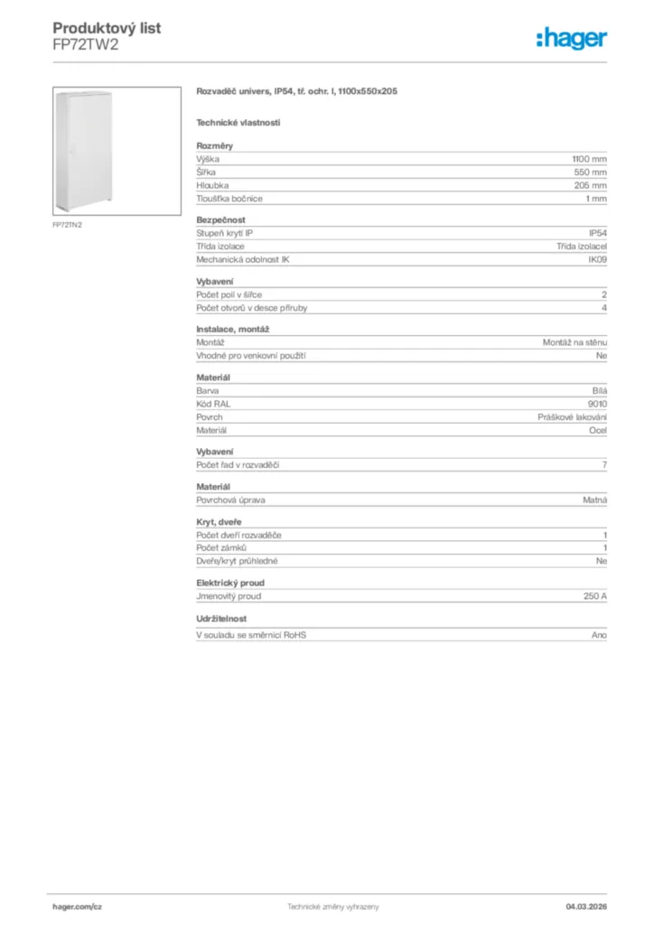 Obrázek Hager Product data sheet FP72TW2 | Hager