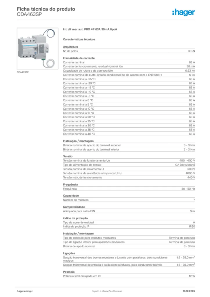 Imagem Hager Ficha técnica do produto CDA463SP | Hager Portugal