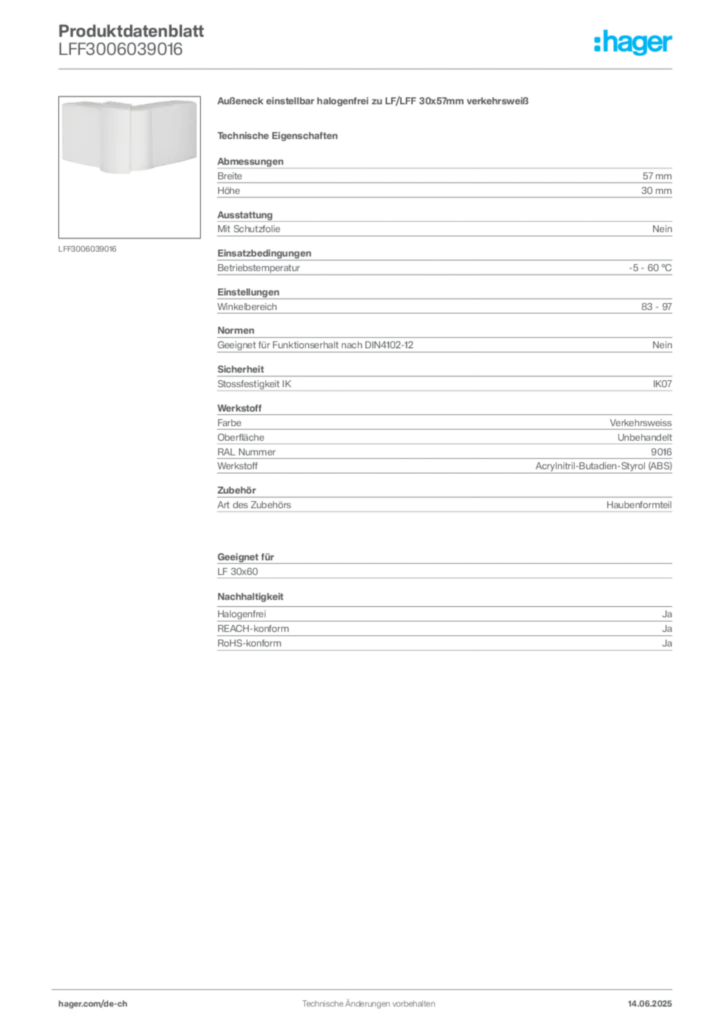 Bild Hager Produktdatenblatt LFF3006039016 | Hager Schweiz