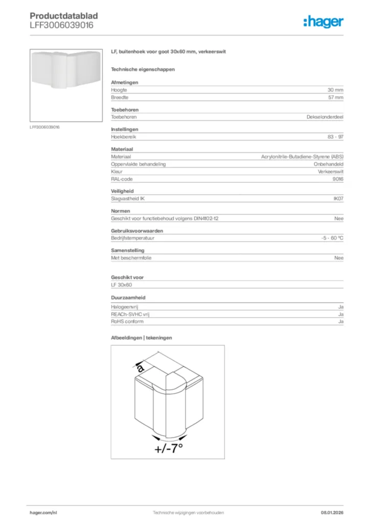 Afbeelding Hager Productdatablad LFF3006039016 | Hager Nederland