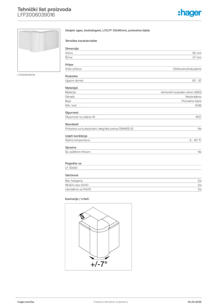 Slika Hager Tehnički list proizvoda LFF3006039016  | Hager