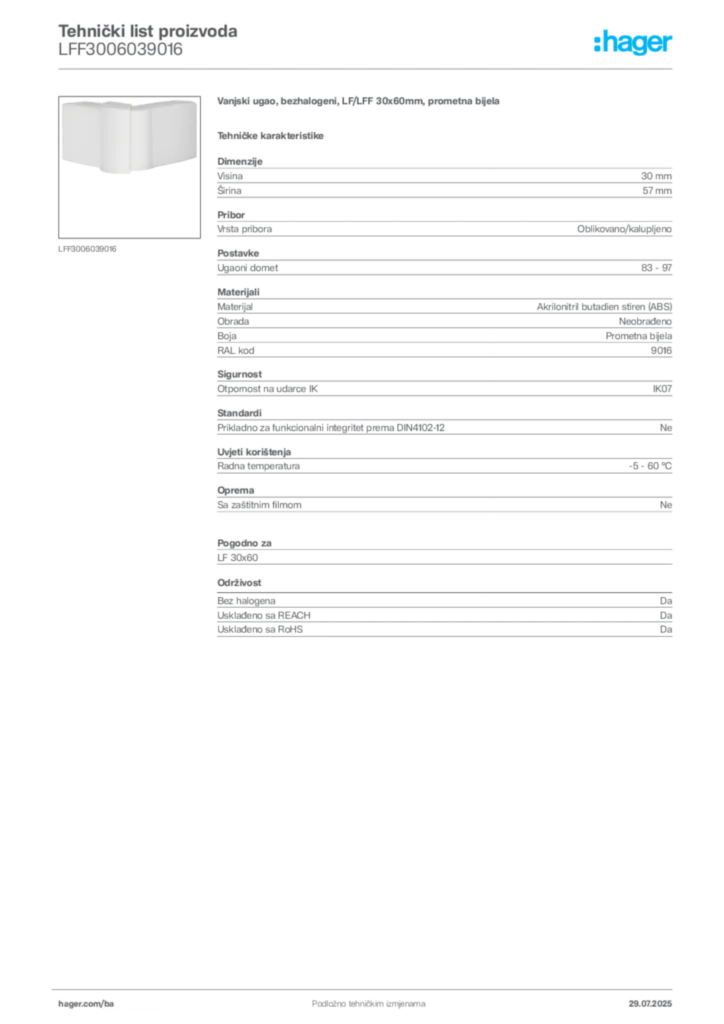 Slika Hager Product data sheet LFF3006039016  | Hager