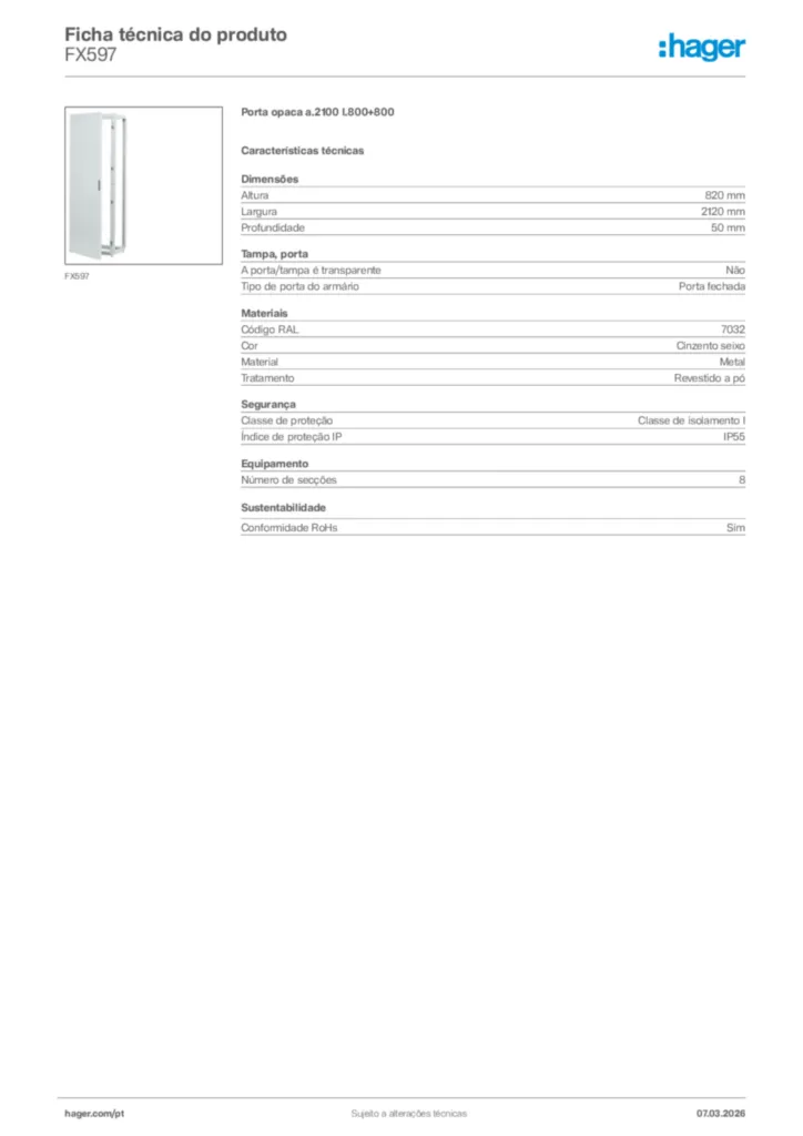 Imagem Hager Ficha técnica do produto FX597 | Hager Portugal