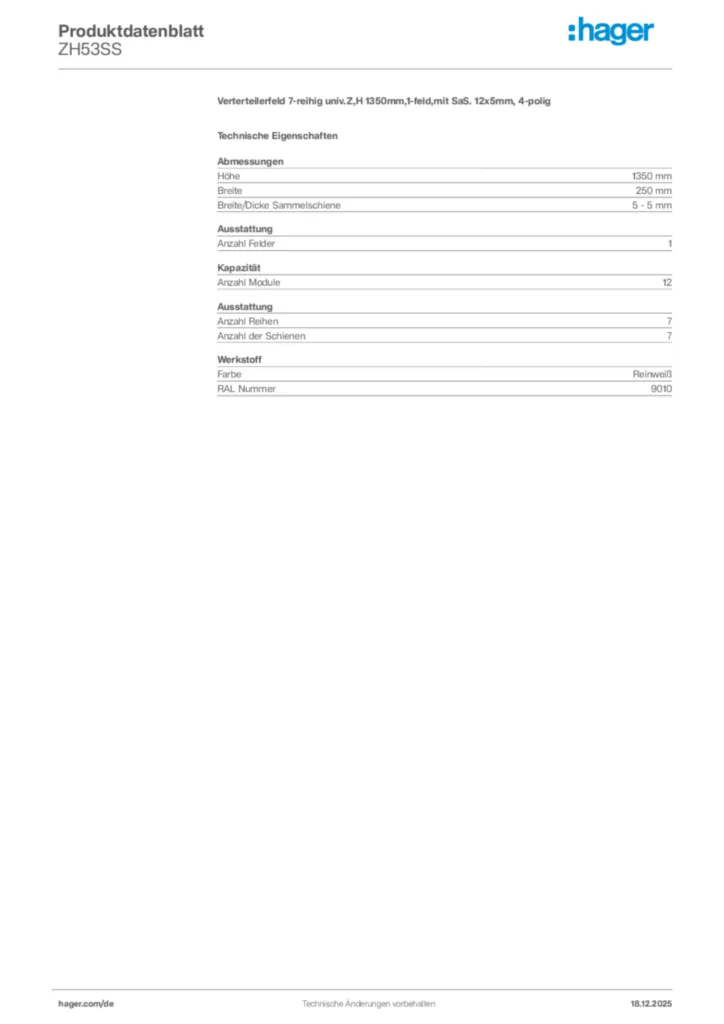 Bild Hager Produktdatenblatt ZH53SS | Hager Deutschland