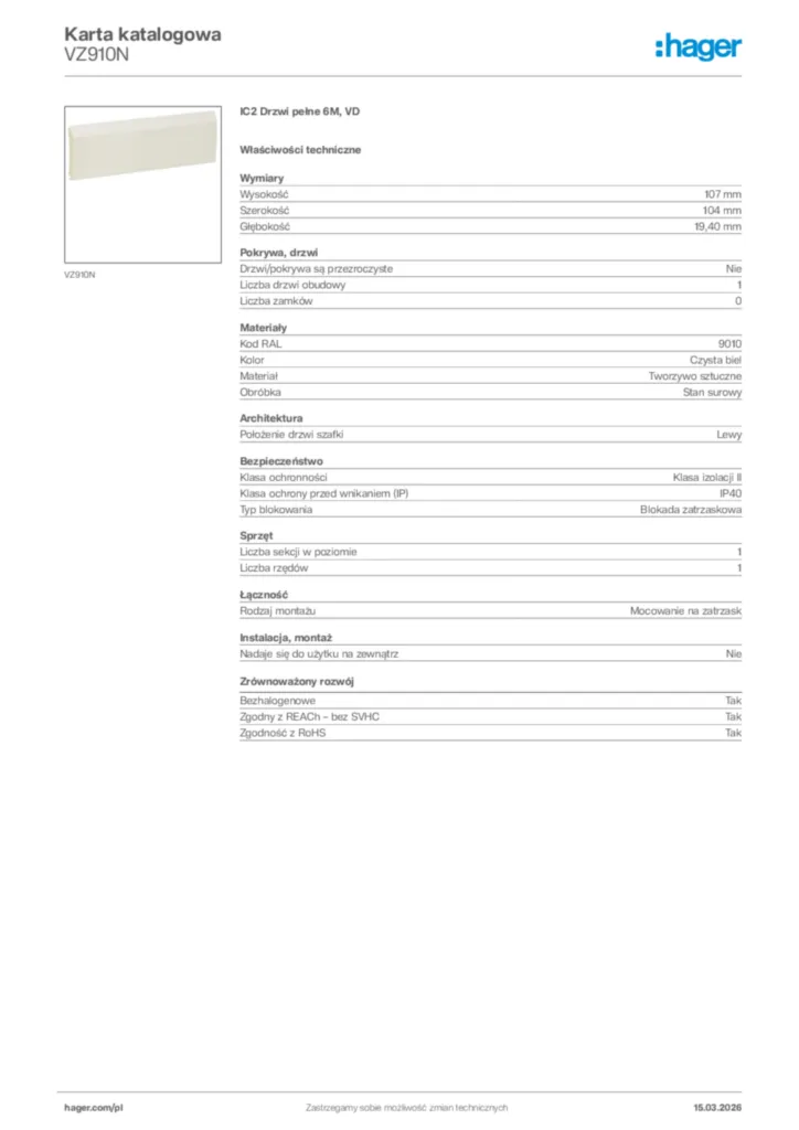 Zdjęcie Hager Karta katalogowa VZ910N | Hager Polska