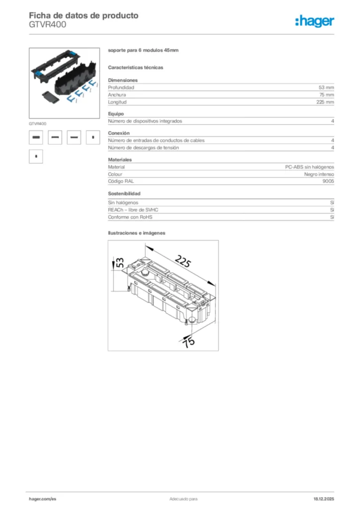 Imagen Hager Ficha de datos de producto GTVR400 | Hager España