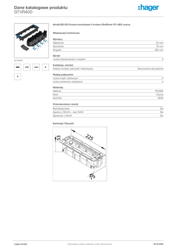 Zdjęcie Hager Karta katalogowa GTVR400 | Hager Polska