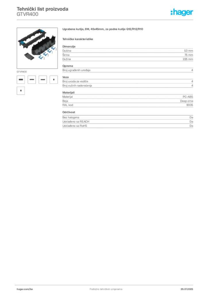 Slika Hager Product data sheet GTVR400  | Hager