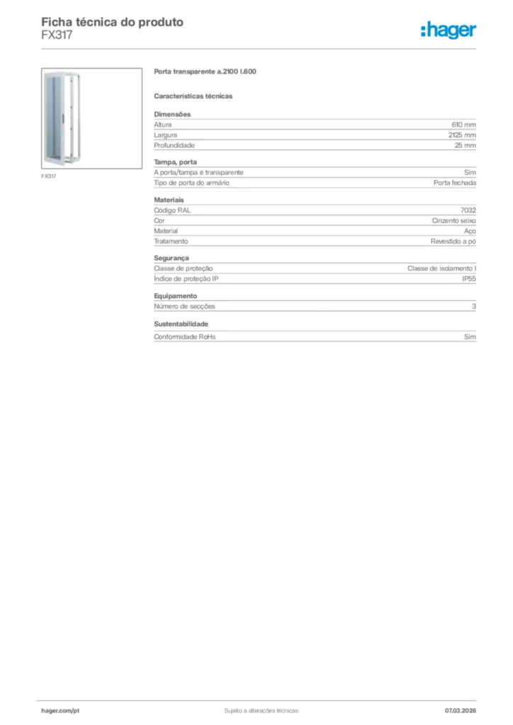 Imagem Hager Ficha técnica do produto FX317 | Hager Portugal