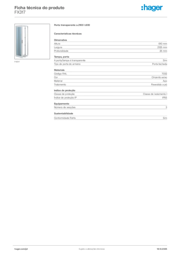 Imagem Hager Ficha técnica do produto FX317 | Hager Portugal