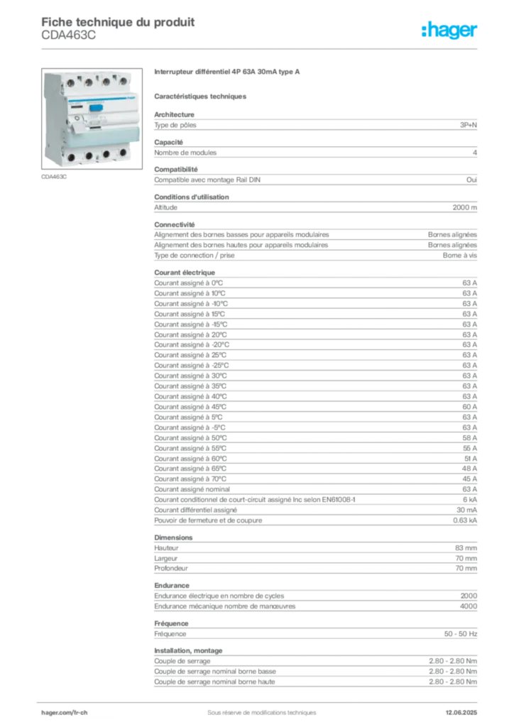 Image Hager Fiche technique du produit CDA463C | Hager Suisse