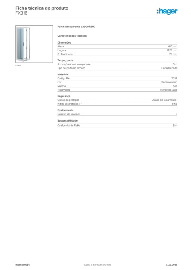 Imagem Hager Ficha técnica do produto FX316 | Hager Portugal