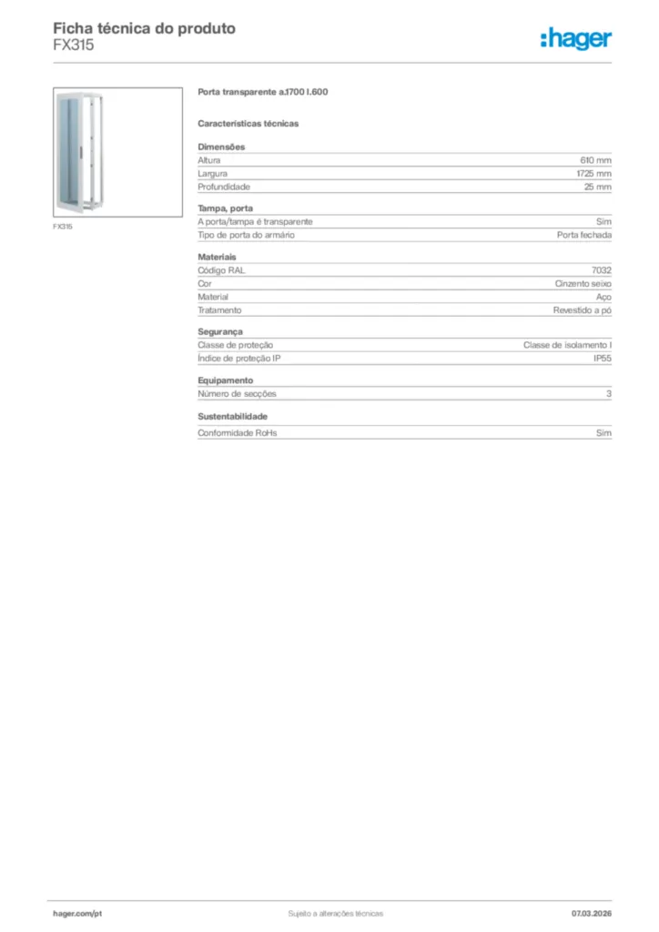 Imagem Hager Ficha técnica do produto FX315 | Hager Portugal