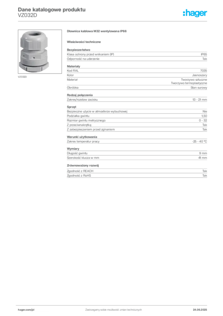 Zdjęcie Hager Karta katalogowa VZ032D | Hager Polska