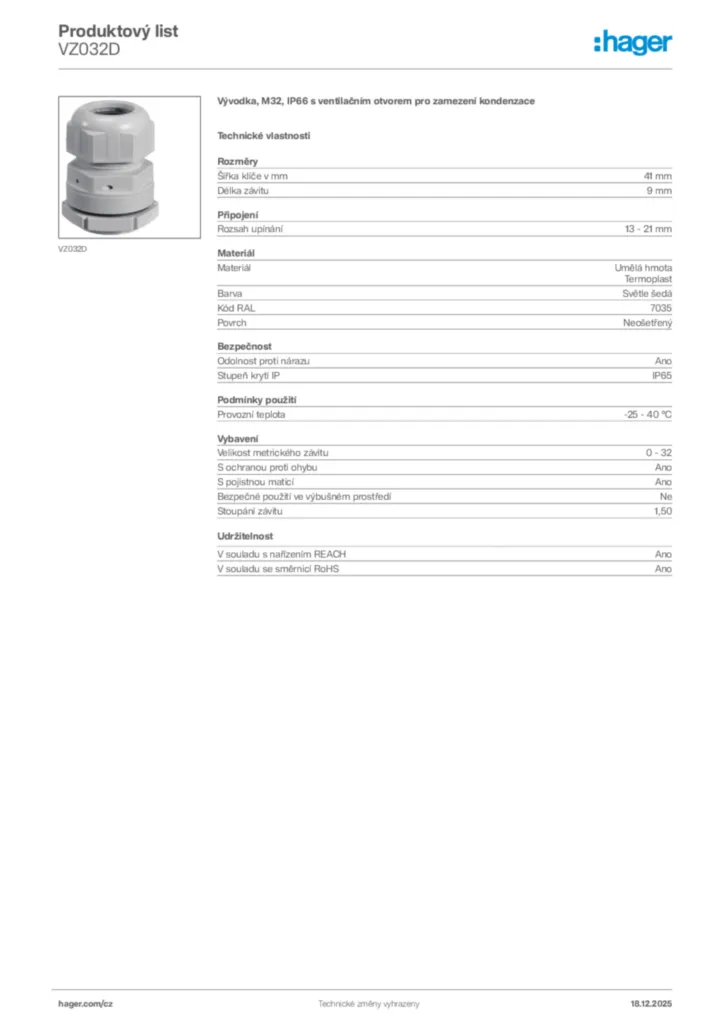 Obrázek Hager Produktový list VZ032D | Hager