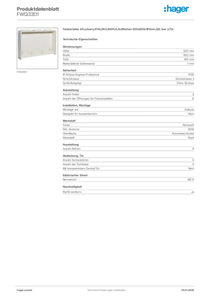Bild Hager Produktdatenblatt FWQ33D1 | Hager Deutschland