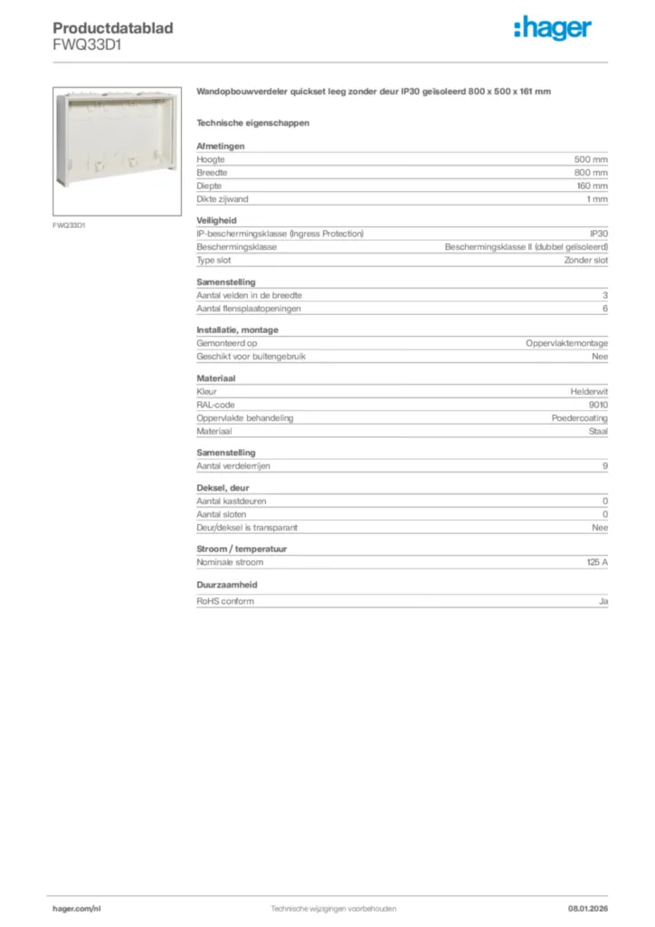Afbeelding Hager Productdatablad FWQ33D1 | Hager Nederland