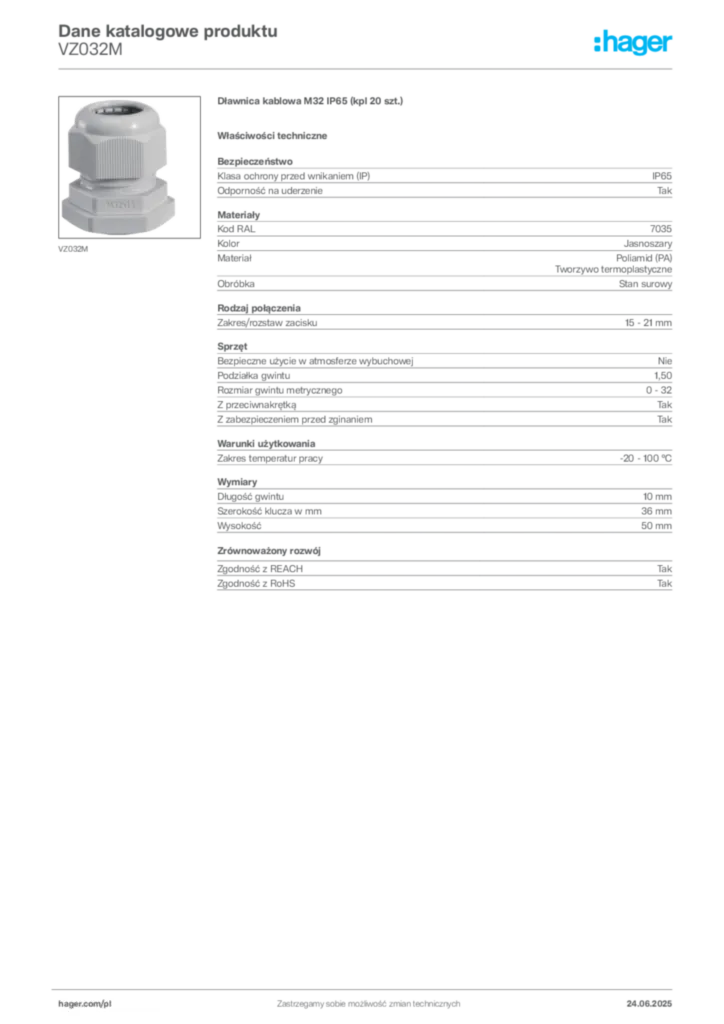 Zdjęcie Hager Karta katalogowa VZ032M | Hager Polska