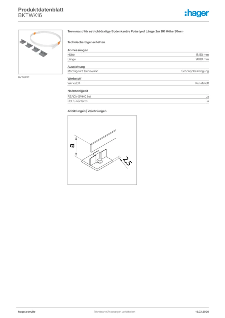 Bild Hager Produktdatenblatt BKTWK16 | Hager Deutschland