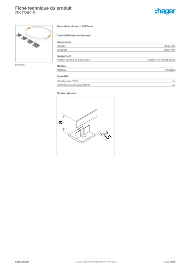 Image Hager Fiche technique du produit BKTWK16 | Hager France