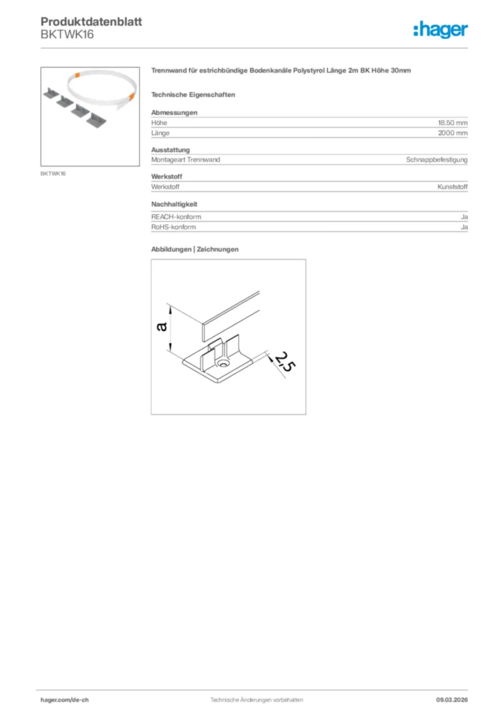 Bild Hager Produktdatenblatt BKTWK16 | Hager Schweiz
