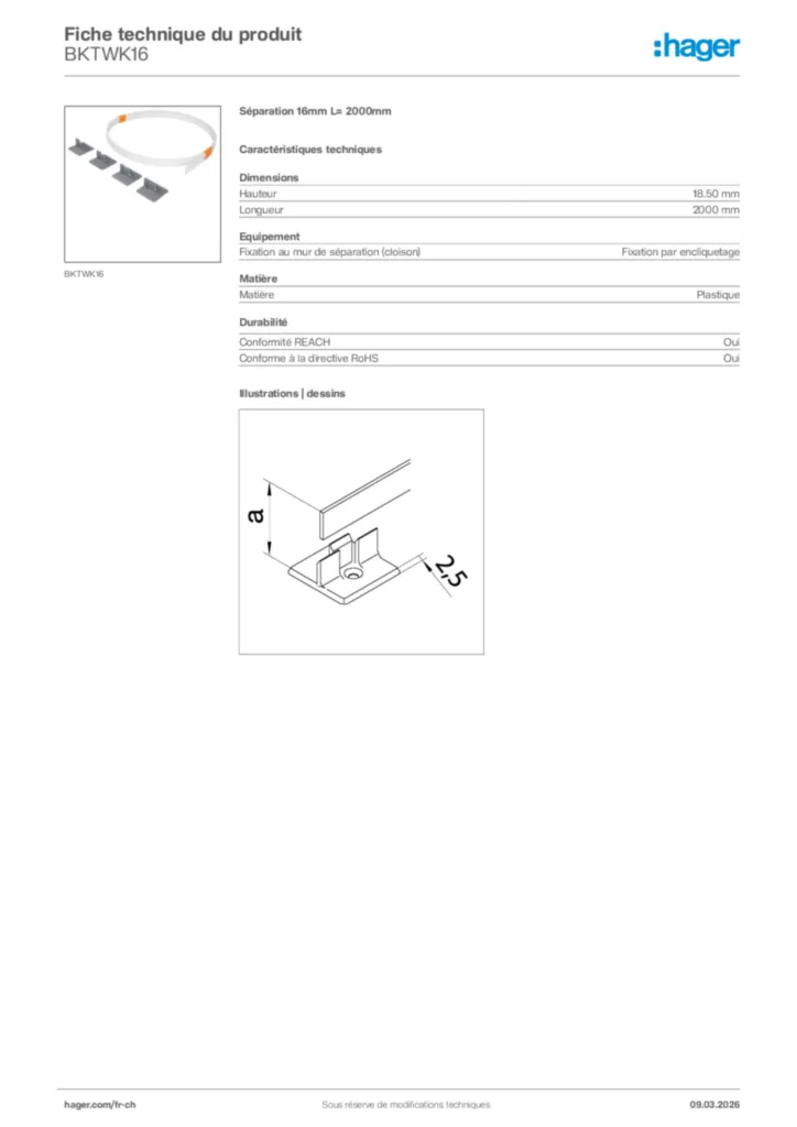 Image Hager Fiche technique du produit BKTWK16 | Hager Suisse