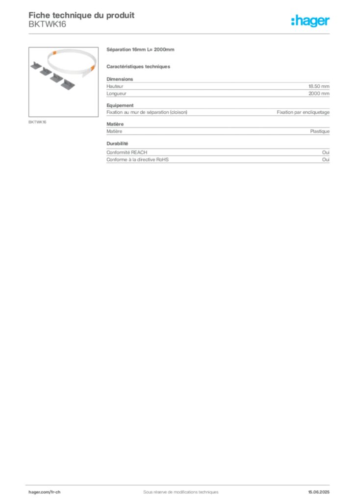 Image Hager Fiche technique du produit BKTWK16 | Hager Suisse