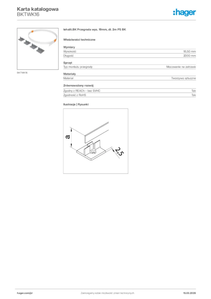 Zdjęcie Hager Karta katalogowa BKTWK16 | Hager Polska