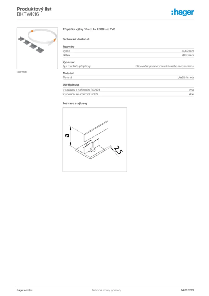 Obrázek Hager Product data sheet BKTWK16 | Hager