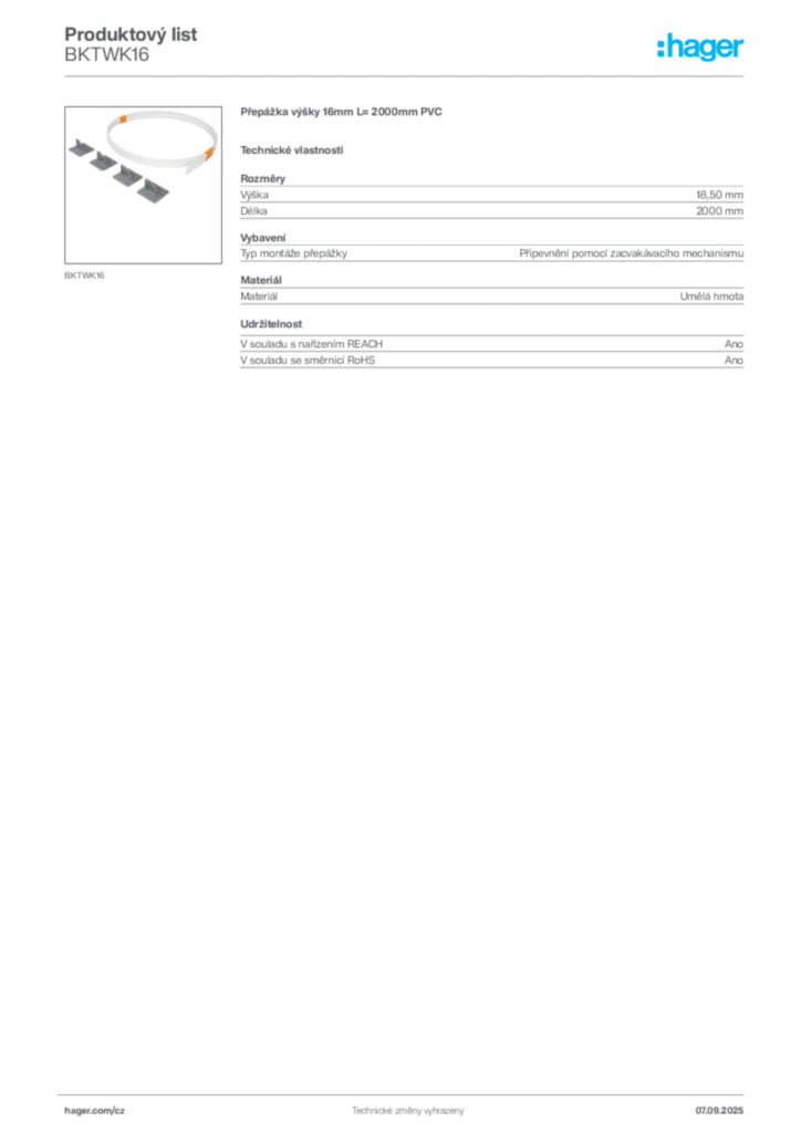 Obrázek Hager Produktový list BKTWK16 | Hager