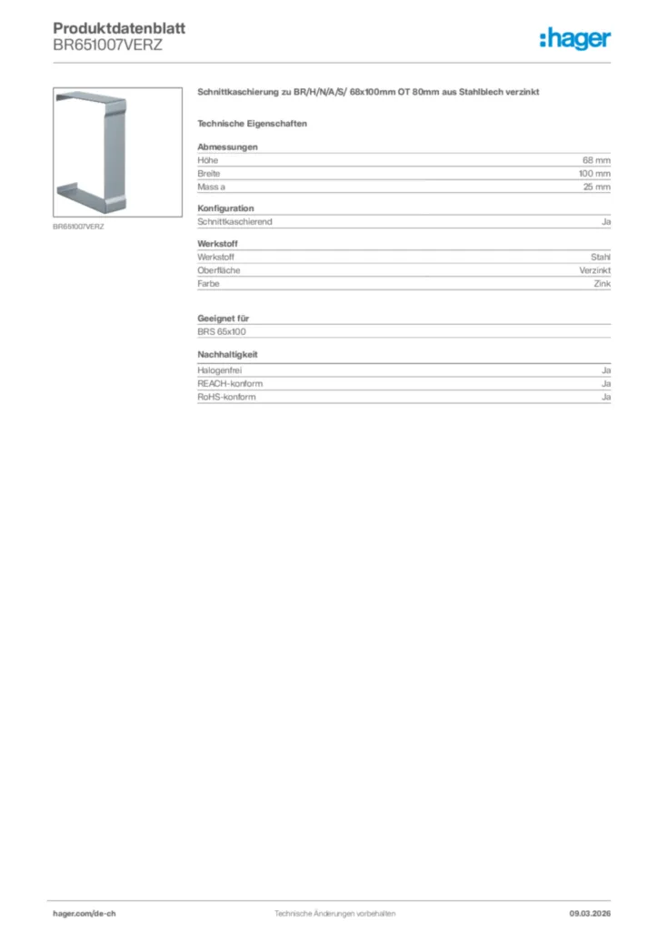 Bild Hager Produktdatenblatt BR651007VERZ | Hager Schweiz