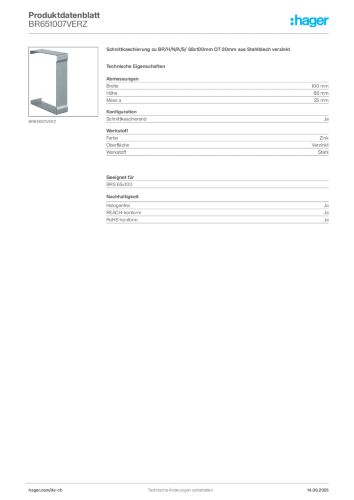 Bild Hager Produktdatenblatt BR651007VERZ | Hager Schweiz