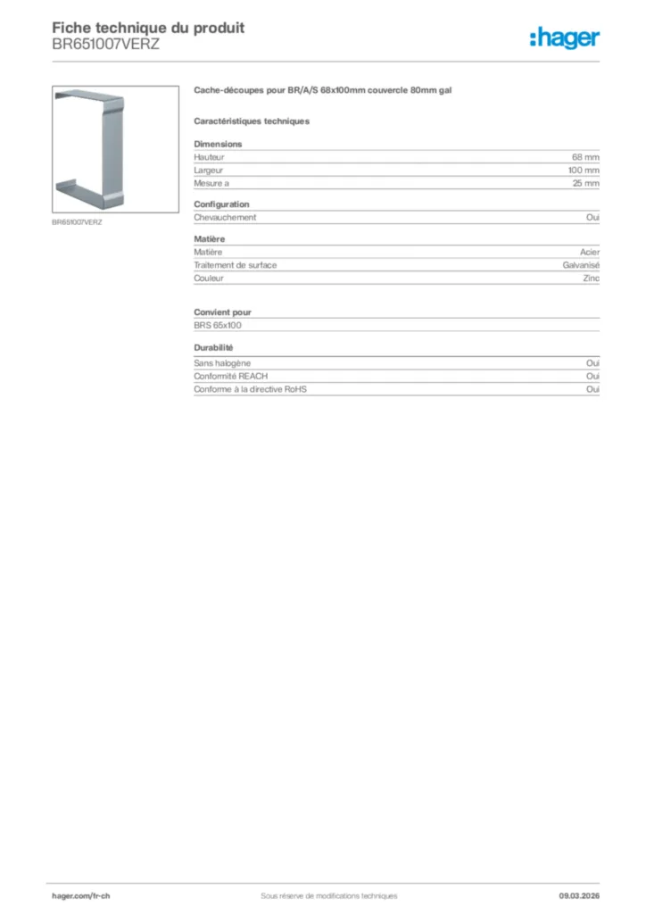 Image Hager Fiche technique du produit BR651007VERZ | Hager Suisse