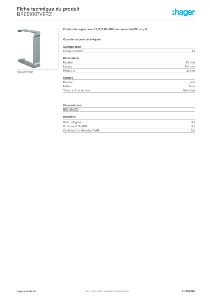 Image Hager Fiche technique du produit BR651007VERZ | Hager Suisse
