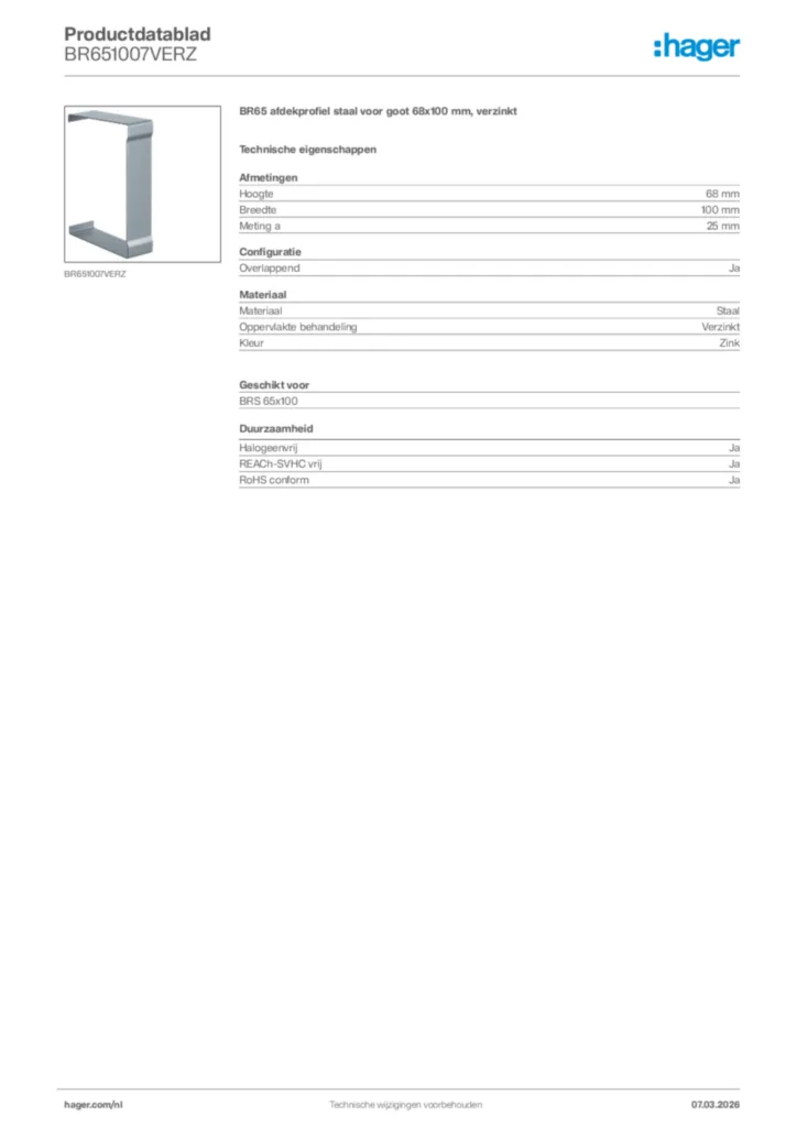 Afbeelding Hager Productdatablad BR651007VERZ | Hager Nederland