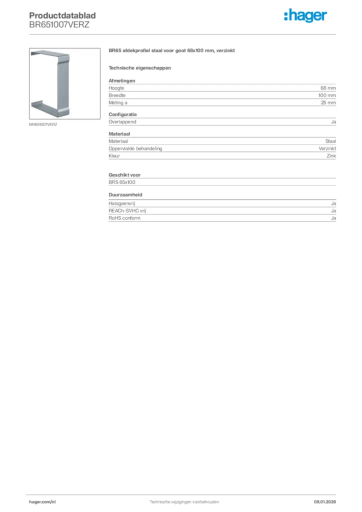 Afbeelding Hager Productdatablad BR651007VERZ | Hager Nederland