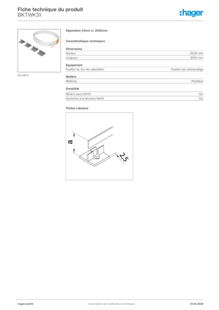 Image Hager Fiche technique du produit BKTWK31 | Hager France